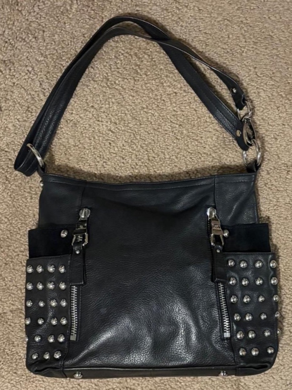B. Makowsky Black Leather Studded Crossbody/Shoulder Bag